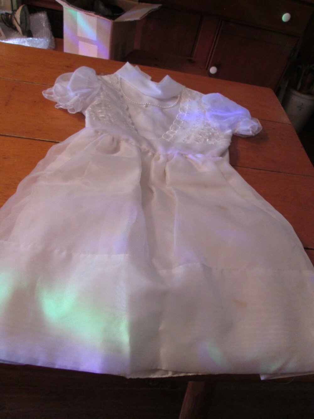 Vintage sz 5 flower girl dress and crown long veil pearls lace taffeta tulled
